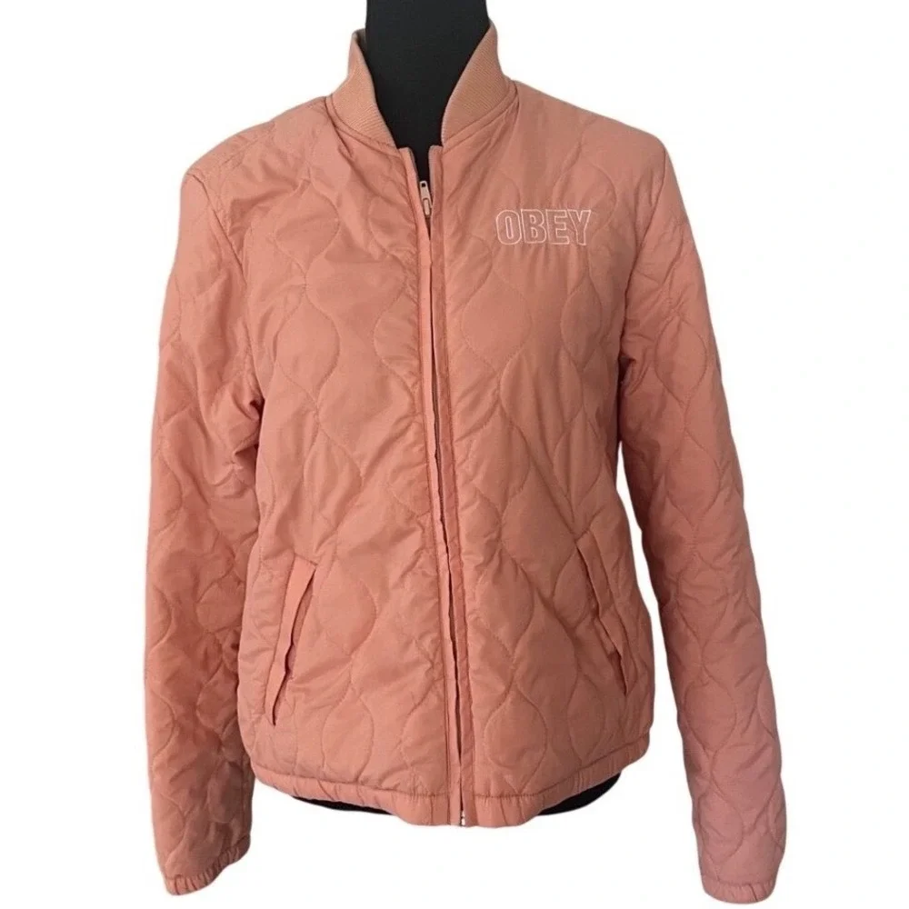 Obey Worldwide Quilted Pink Peach Embroidered Logo Fleece lined Puffer Jacket L - Picture 6 of 10